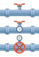 Pipe of water with valve and meter of pressure. Pipe elements. System of pipeline with valve and manometer for industry. Construction of steel tube. Vector illustration.