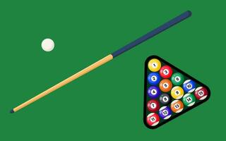 Billiard cue and pool balls in triangle on green table. Billiard balls, triangle and pool stick for game on green table top view. Vector illustration.