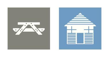 Picnic of Table and Wood Cabin Icon vector