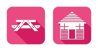 Picnic of Table and Wood Cabin Icon vector