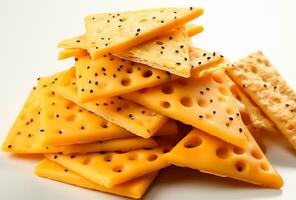 Yellow cheese cubes stacked in random order on a white background - AI generated image photo