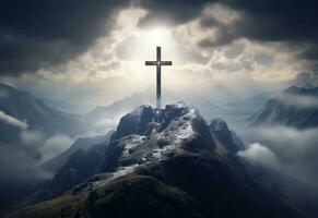 ai generativo un maravilloso paisaje silueta con un crucifijo a sus centro, simbolizando el Resurrección de Jesús y el cristiano fe. el hermosa montaña escenario, el vibrante cielo. foto