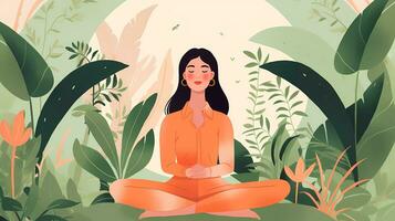 AI Generated flat illustration of a lady doing meditating with plants in the house. Concept illustration for meditation, yoga, relaxation, healthy lifestyle. photo