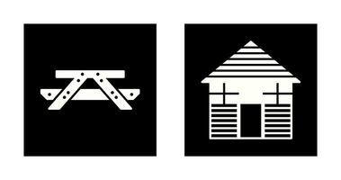 Picnic of Table and Wood Cabin Icon vector