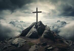 ai generativo un maravilloso paisaje silueta con un crucifijo a sus centro, simbolizando el Resurrección de Jesús y el cristiano fe. el hermosa montaña escenario, el vibrante cielo. foto