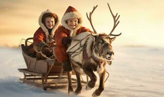 two boys sitting in a sleigh pulled by a reindeer AI Generated photo