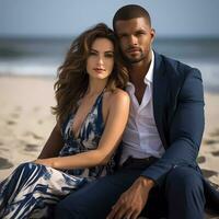 ai generado Pareja Sesión de fotos con azul hermosa antecedentes sentado en playa. elegante Pareja posando mientras relajante a vacaciones.