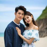 AI Generated couple photoshoot with blue beautiful background sitting on beach. Stylish couple posing while relaxing at vacation. photo