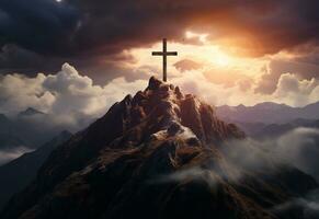 Ai Generative A stunning landscape silhouette with a crucifix at its center, symbolizing the resurrection of Jesus and the Christian faith. The beautiful mountain scenery, the vibrant sky. photo