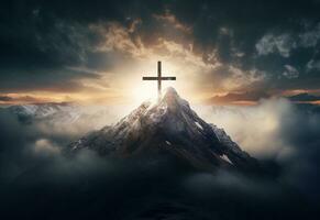 Ai Generative A stunning landscape silhouette with a crucifix at its center, symbolizing the resurrection of Jesus and the Christian faith. The beautiful mountain scenery, the vibrant sky. photo