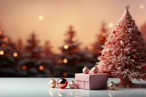 Ai Generative Background of christmas tree and red gift box on a christmas empty background with copy space photo