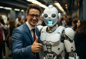 Ai Generative man in a suit and tie is taking a selfie with a robot photo