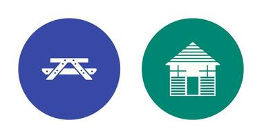 Picnic of Table and Wood Cabin Icon vector