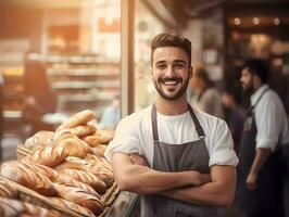 AI Generated Smiling baker man standing with fresh bread at bakery. Satisfied baker with breads in background. Copy space photo