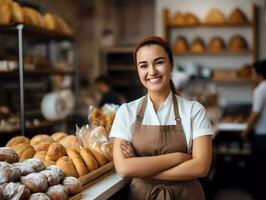 AI generated Smiling baker woman standing with fresh bread at bakery. Satisfied baker with breads in background. Copy space photo