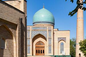 Tashkent, Uzbekistan-august 11, 2023-View of the Hazrati Imam complex during a sunny day.The complex is a square that includes a set of religious buildings in Tashkent photo