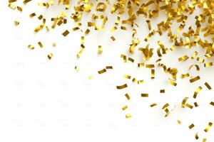 Gold confetti falling down in front of a white background. AI generated photo