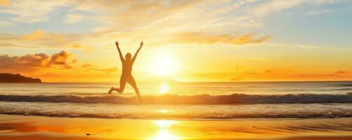 Sunrise over a beach with a person jumping. Ai Generative photo