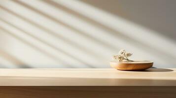 An elegant scene with a minimalist wooden table bathed in gentle sunlight, showcasing the intricate wood grain against a white wall backdrop. Ai Generative photo