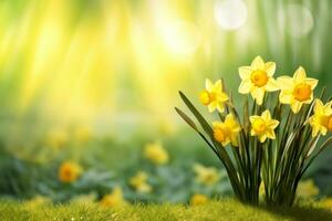 Yellow daffodils in front of a light background. Bokeh panorama. AI generated photo