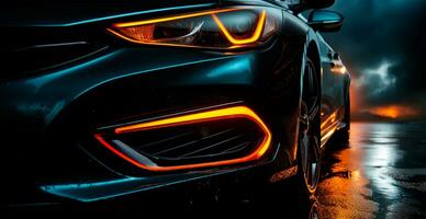 Modern sports car, headlights on at night - AI generated image photo