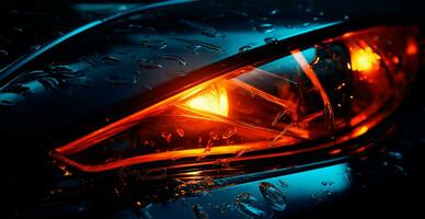 Modern sports car, headlights on at night - AI generated image photo