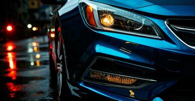 Modern sports car, headlights on at night - AI generated image photo