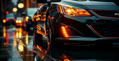 Modern sports car, headlights on at night - AI generated image photo