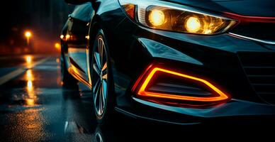 Modern sports car, headlights on at night - AI generated image photo