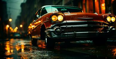 Clásico americano clásico auto, faros brillante a noche - ai generado imagen foto
