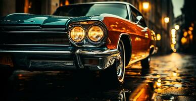 Vintage American classic car, headlights glowing at night - AI generated image photo