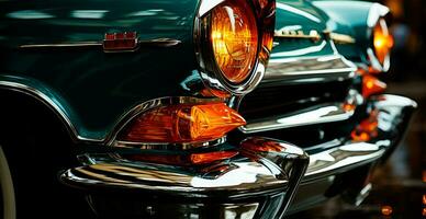 Clásico americano clásico auto, faros brillante a noche - ai generado imagen foto