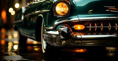 Vintage American classic car, headlights glowing at night - AI generated image photo