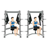 Man doing single arm hammer strength chest machine exercise. vector