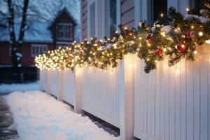 Close up view of festive Christmas lights on suburban house architecture photo