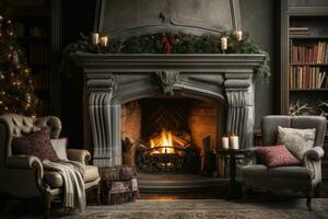 Cozy interior showcasing a roaring fireplace adorned with Christmas decor photo