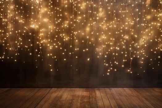 Enchanted pathway with Christmas lights at home background with empty space for text photo