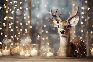 Magical window view of reindeer decor background with empty space for text photo