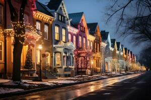 Long exposure shot of townhouses aglow with multicolored Christmas lights photo