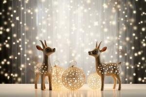 Magical window view of reindeer decor background with empty space for text photo