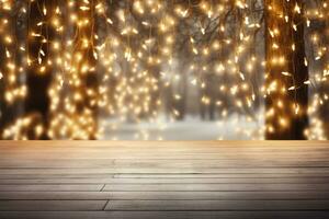 Enchanted pathway with Christmas lights at home background with empty space for text photo