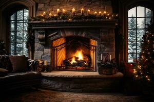 Cozy interior showcasing a roaring fireplace adorned with Christmas decor photo