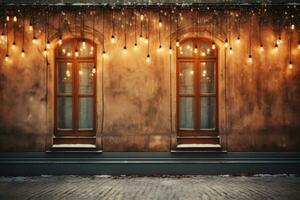 Unique Christmas lighting patterns on facades background with empty space for text photo