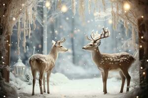 Magical window view of reindeer decor background with empty space for text photo