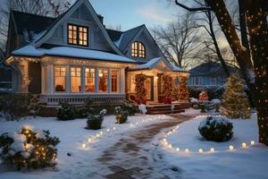 Close up view of festive Christmas lights on suburban house architecture photo