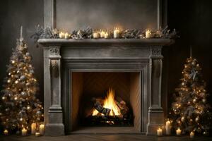 Cozy warm Christmas fireplace in home interior background with empty space for text photo