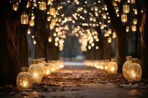 Enchanted pathway with Christmas lights at home background with empty space for text photo