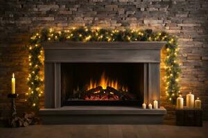 Cozy warm Christmas fireplace in home interior background with empty space for text photo