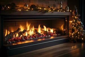 Cozy warm Christmas fireplace in home interior background with empty space for text photo