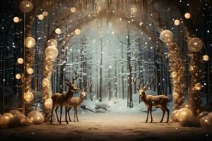 Magical window view of reindeer decor background with empty space for text photo